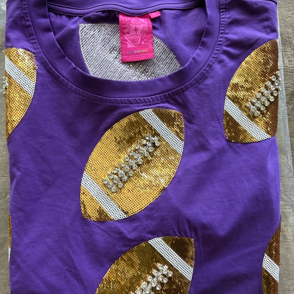 New! QUEEN OF SPARKLES Purple and Gold Sequin and Rhinestone Football Tee - Picture 2 of 4